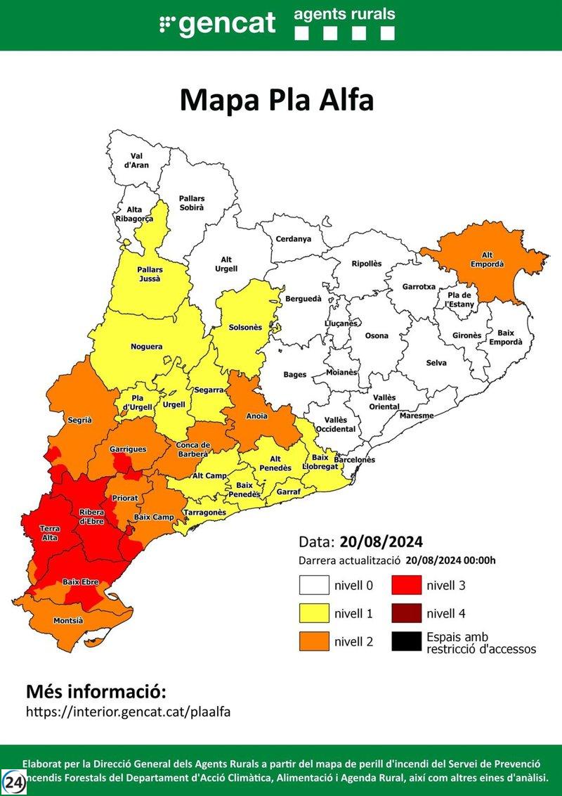 Alarma por riesgo de incendios en 46 localidades de Lleida y Tarragona hoy.