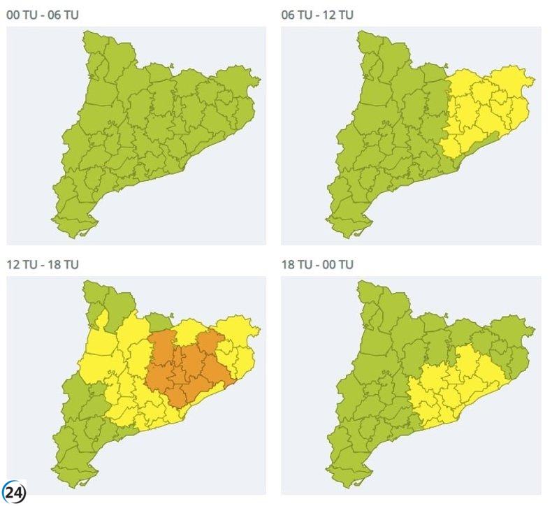 Protección Civil alerta sobre fuertes lluvias y aconseja extremar precauciones en el centro de Catalunya y Girona este lunes.