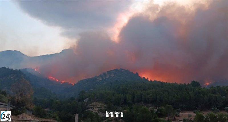 El viento nocturno dificulta la contención del incendio que arrasa 1.500 hectáreas en Paüls, Tarragona.