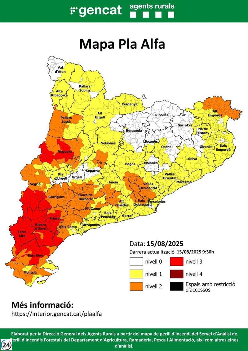 Alerta máxima por incendios en 8 comarcas de Tarragona y Lleida este viernes.