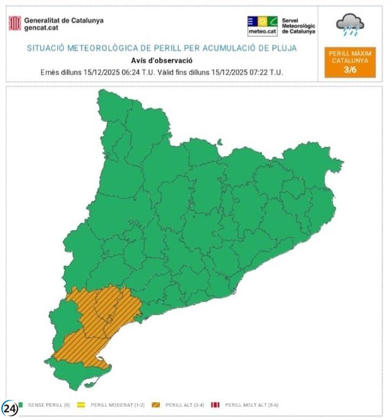 Alerta meteorológica por lluvias en Tarragona: Baix Camp, Baix Ebre, Priorat y Ribera d'Ebre se preparan para un lunes lluvioso.