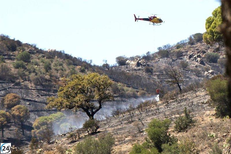Los Bomberos de Portbou (Girona) luchan contra el incendio en dos puntos inaccesibles en su estrategia de extinción.